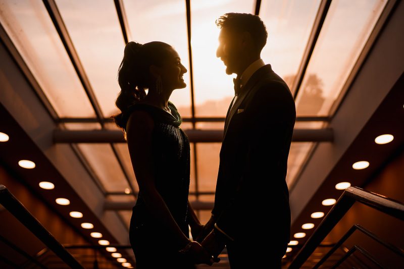 Unique evening portrait of a bride and groom just after sunset - incredible wedding portraits by ARJ Photography®