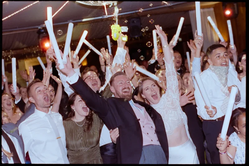 35mm film photography from a wedding at Elmore Court in the Cotswolds, taken on the dancefloor using a Contax Aria and Mira 800 35mm film.